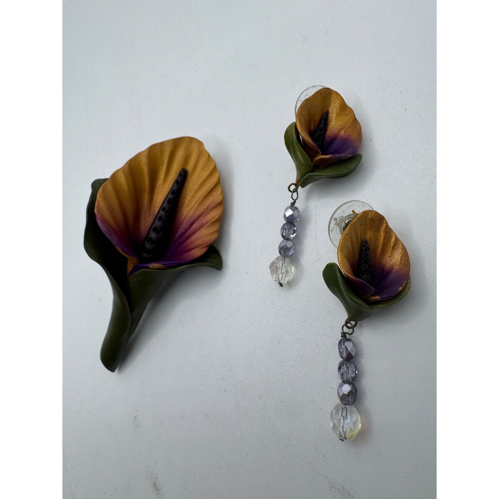 Handcrafted Calla Lily Floral Brooch and Drop Earrings Jewelry Set Purple Gold